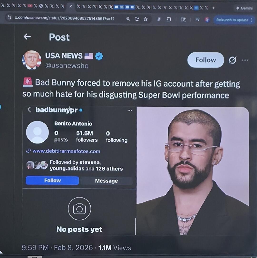 Post USA NEWS @usanewshq Follow Bad Bunny forced to remove his IG account after getting so much hate for his disgusting Super Bowl performance
