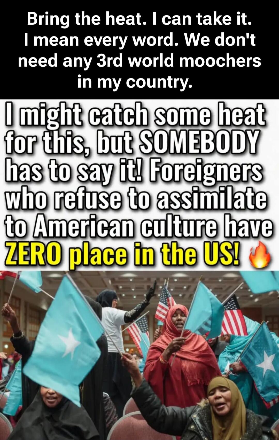 Bring the heat. I can take it. I mean every word. We don't need any 3rd world moochers in my country. I might catch some heat for this, but SOMEBODY has to say it! Foreigners who refuse to assimilate to American culture have ZERO place in the US! 🔥