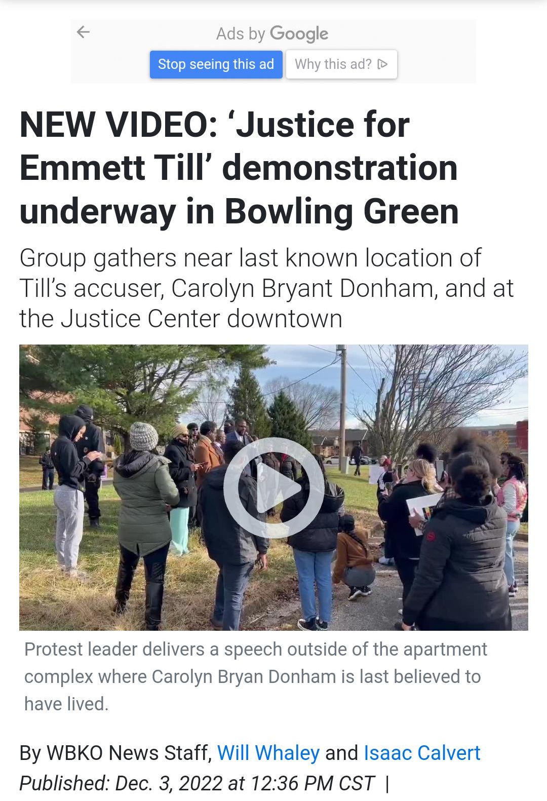 N0 et voed4d googlecomampswwwwbl wbkocom 4 e T35 LOCAL FIRST NOow News Weather NEW VIDEO Justice for Emmett Till demonstration underway in Bowling Green hrou gathers near last known location of olyn Bryant Donham and at ice Center downtown s tment 1aley and Is By WBKO News Staff Published Dec 3 2022 at 1236 PM CST