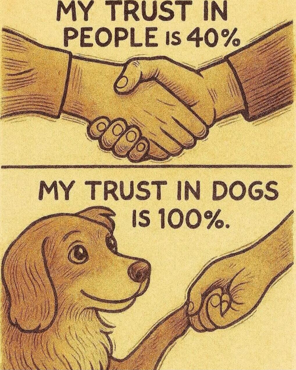 MY TRUST IN PEOPLE IS 40%
MY TRUST IN DOGS IS 100%.