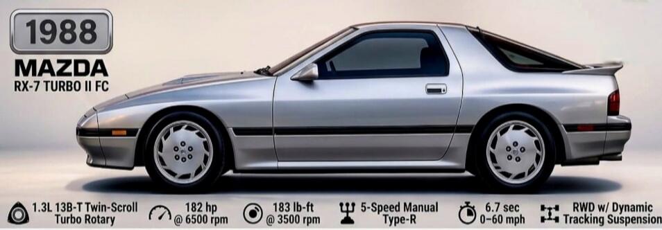 1988 Mazda RX-7 Turbo II FC. 1.3L 13B-T Twin-Scroll Turbo Rotary engine. 182 hp at 6500 rpm. 183 lb-ft at 3500 rpm. 5-Speed Manual Type-R transmission. 0-60 mph in 6.7 seconds. Rear-Wheel Drive with Dynamic Tracking Suspension.