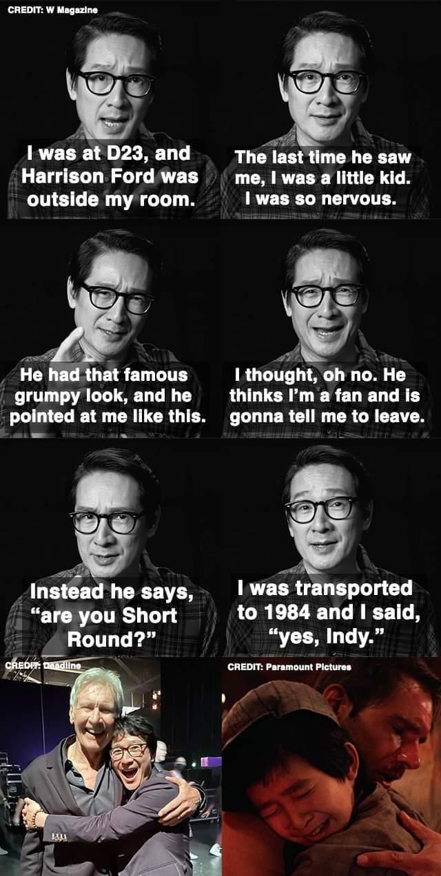 CREDIT W Magazine Iwas at D23 and The last time he saw Harrison Ford was me was a little kid outside my room 1 was so nervous He that famous 1 thought oh no He grumpy look and he thinks Im a fan and is pointed at me like this gonna tell me to leave b CRECZELLREEILE yes Indy CREDIT Paramount Plctures