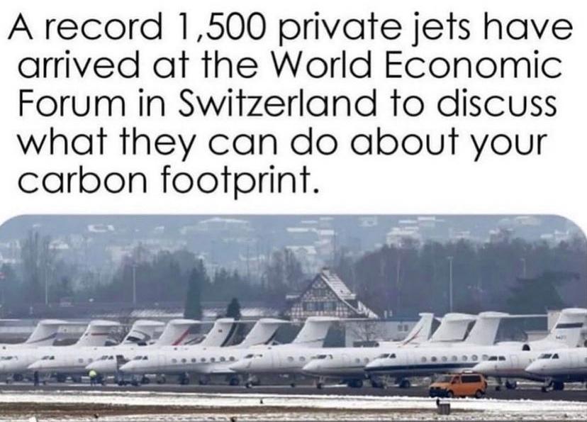 A record 1500 private jets have arrived at the World Economic Forum in Switzerland to discuss what they can do about your carbon footprint