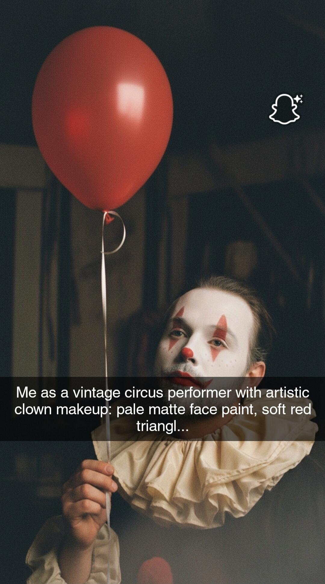 Me as a vintage circus performer with artistic clown makeup: pale matte face paint, soft red triangl...