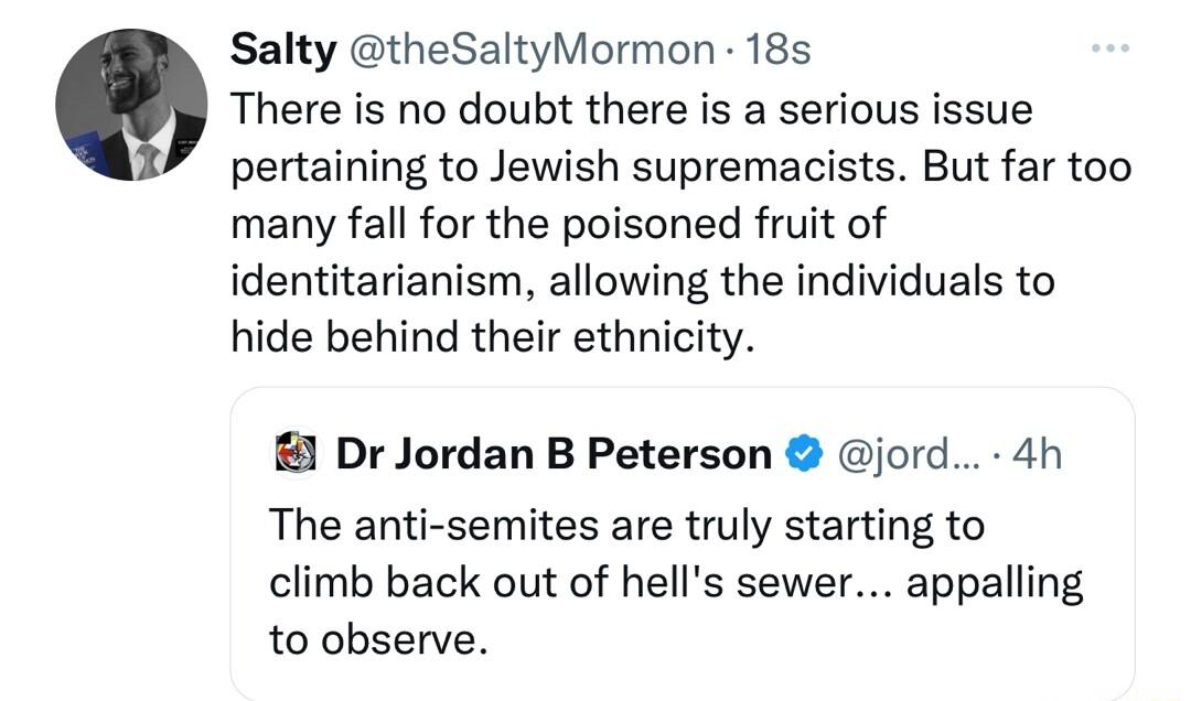 Salty theSaltyMormon 18s Q There is no doubt there is a serious issue pertaining to Jewish supremacists But far too many fall for the poisoned fruit of identitarianism allowing the individuals to hide behind their ethnicity DrJordan B Peterson jord 4h The anti semites are truly starting to climb back out of hells sewer appalling to observe