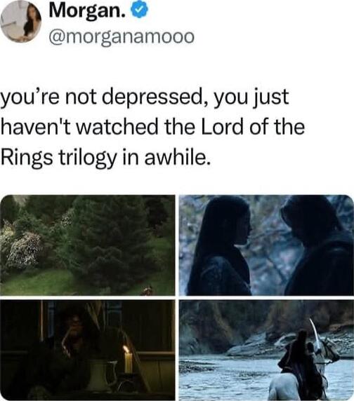 B Morgan e morganamooo youre not depressed you just havent watched the Lord of the Rings trilogy in awhile