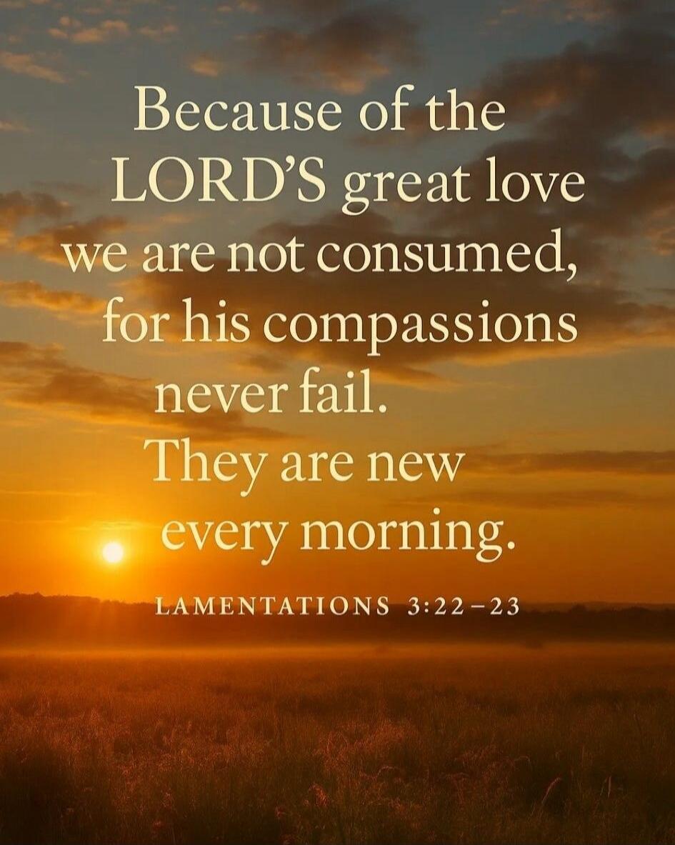 Because of the LORD'S great love we are not consumed, for his compassions never fail. They are new every morning. LAMENTATIONS 3:22-23