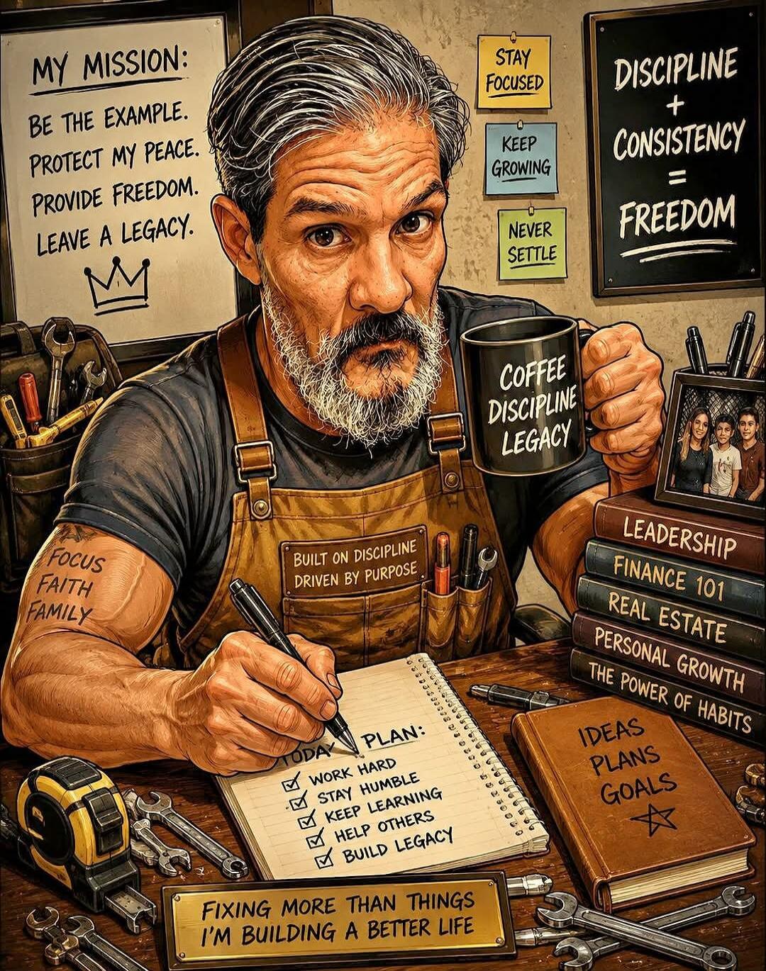 MY MISSION: BE THE EXAMPLE. PROTECT MY PEACE. PROVIDE FREEDOM. LEAVE A LEGACY. STAY FOCUSED. KEEP GROWING. NEVER SETTLE. DISCIPLINE + CONSISTENCY = FREEDOM. COFFEE DISCIPLINE LEGACY. BUILT ON DISCIPLINE DRIVEN BY PURPOSE. FOCUS FAITH FAMILY. TODAY PLAN: WORK HARD, STAY HUMBLE, KEEP LEARNING, HELP OTHERS, BUILD LEGACY. LEADERSHIP, FINANCE 101, REAL 
