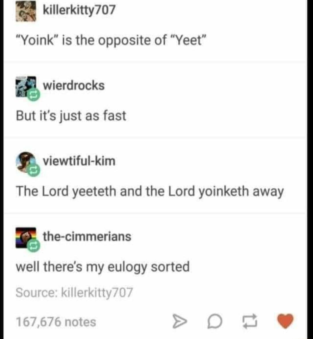 killerkitty707 Yoink is the opposite of Yeet wierdrocks But its just as fast viemiful kim The Lord yeeteth and the Lord yoinketh away he cimmenans well theres my eulogy sorted
