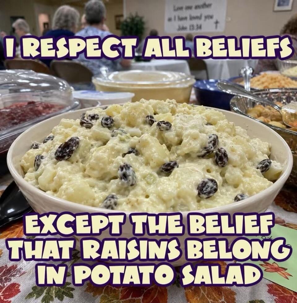 I RESPECT ALL BELIEFS EXCEPT THE BELIEF THAT RAISINS BELONG IN POTATO SALAD. Love one another as I have loved you John 13:34.