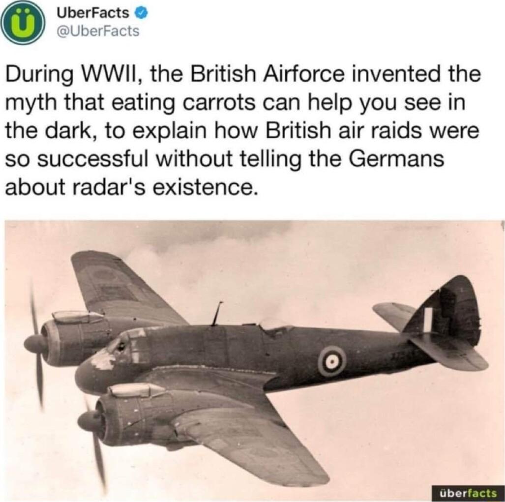 UberFacts SUberFacts During WWII the British Airforce invented the myth that eating carrots can help you see in the dark to explain how Biritish air raids were so successful without telling the Germans about radars existence e il