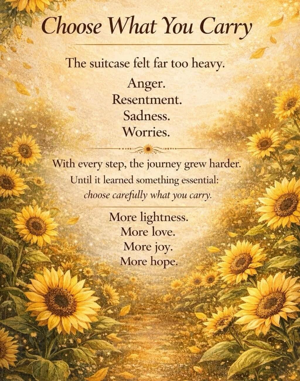 Choose What You Carry
The suitcase felt far too heavy.
Anger.
Resentment.
Sadness.
Worries.
With every step, the journey grew harder.
Until it learned something essential:
choose carefully what you carry.
More lightness.
More love.
More joy.
More hope.