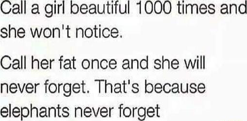 Call a girl beautiful 1000 times ana she wont notice Call her fat once and she will never forget Thats because elephants never forget