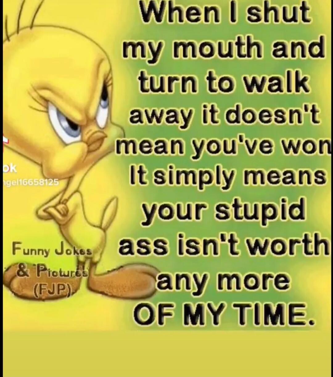 When I shut my mouth and turn to walk away it doesn't mean you've won It simply means your stupid ass isn't worth any more OF MY TIME. Funny Jokes & Pictures (FJP)