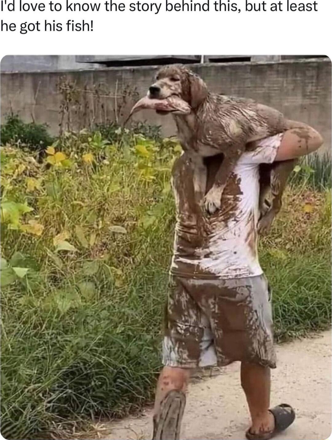 Id love to know the story behind this but at least he got his fish