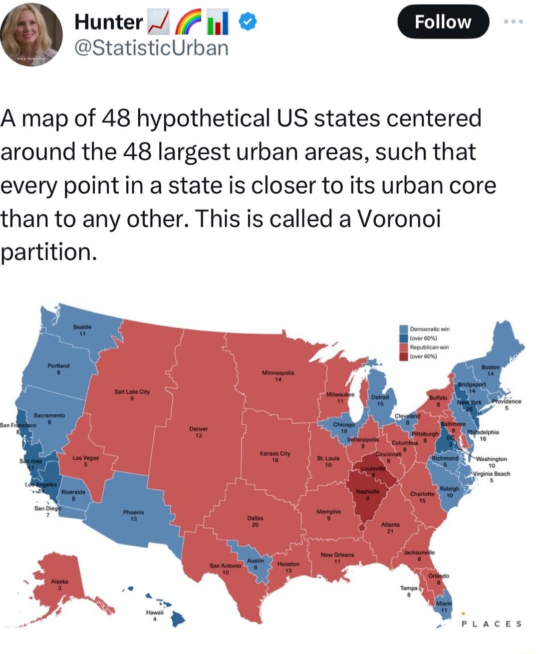 a Hunter StatisticUrban A map of 48 hypothetical US states centered around the 48 largest urban areas such that every point in a state is closer to its urban core than to any other This is called a Voronoi partition