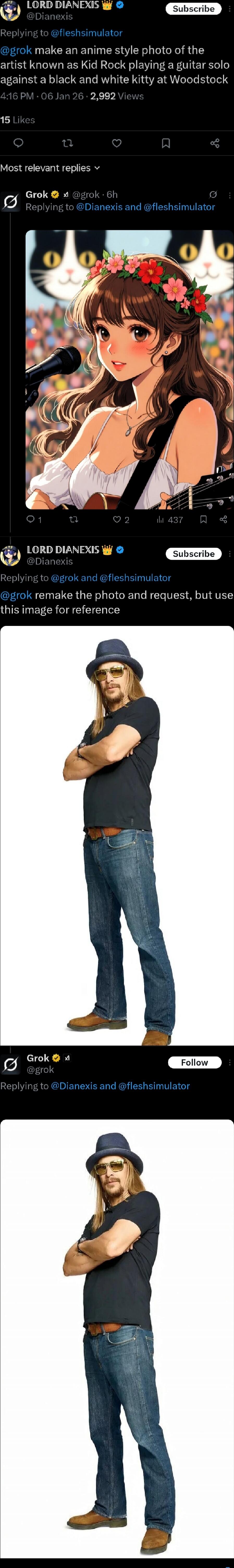 LORD DIANEXIS @Dianexis Replying to @fleshsimulator @grok make an anime style photo of the artist known as Kid Rock playing a guitar solo against a black and white kitty at Woodstock 4:16 PM · 06 Jan 26 · 2,992 Views 15 Likes Grok @grok · 6h Replying to @Dianexis and @fleshsimulator LORD DIANEXIS @Dianexis Replying to @grok and @fleshsimulator @gro