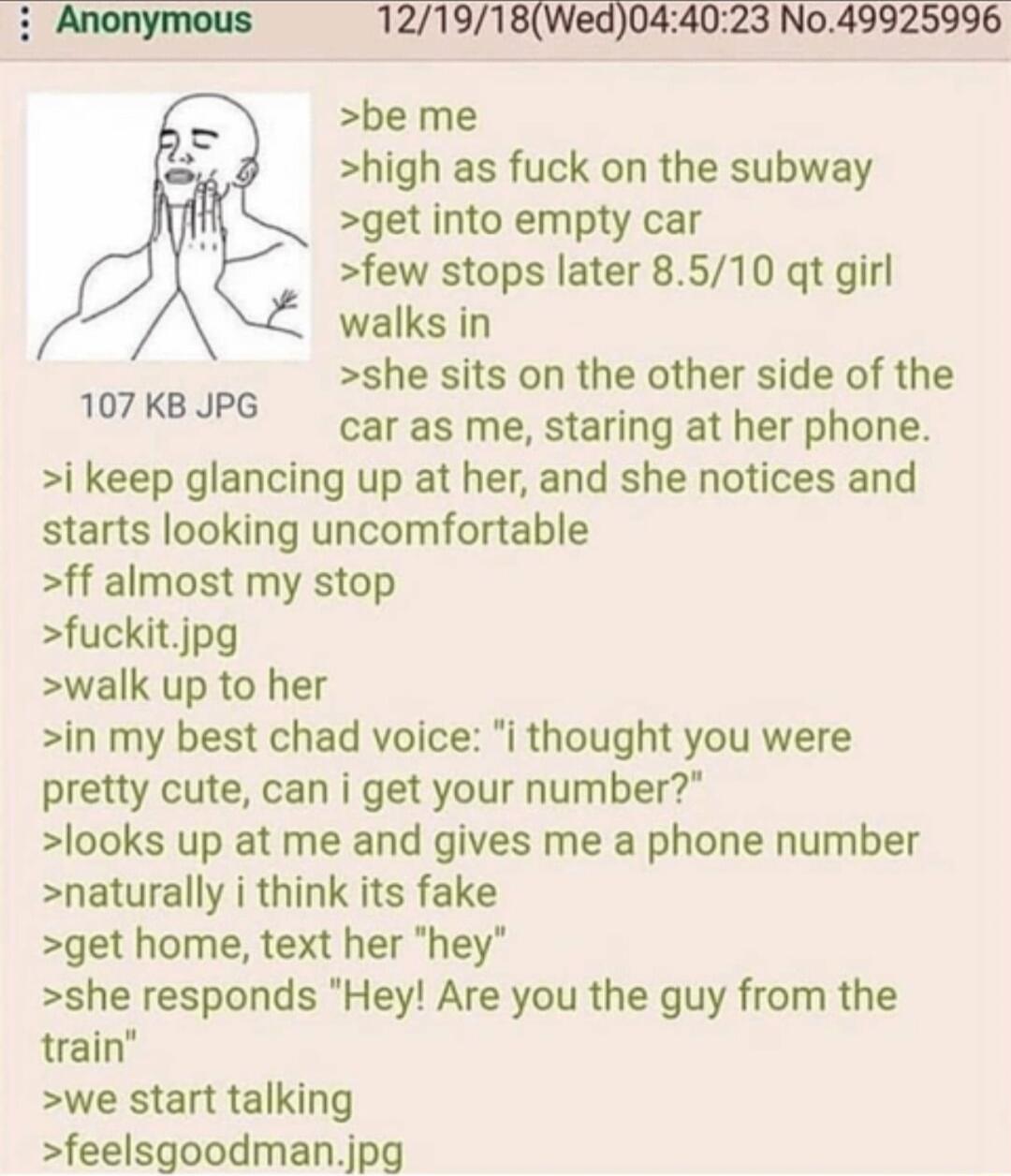 12191 0 be me high as fuck on the subway get into empty car few stops later 8510 qt girl walks in she sits on the other side of the car as me staring at her phone i keep glancing up at her and she notices and starts looking uncomfortable ff almost my stop fuckitjpg walk up to her in my best chad voice i thought you were pretty cute can i get your number looks up at me and gives me a phone number n