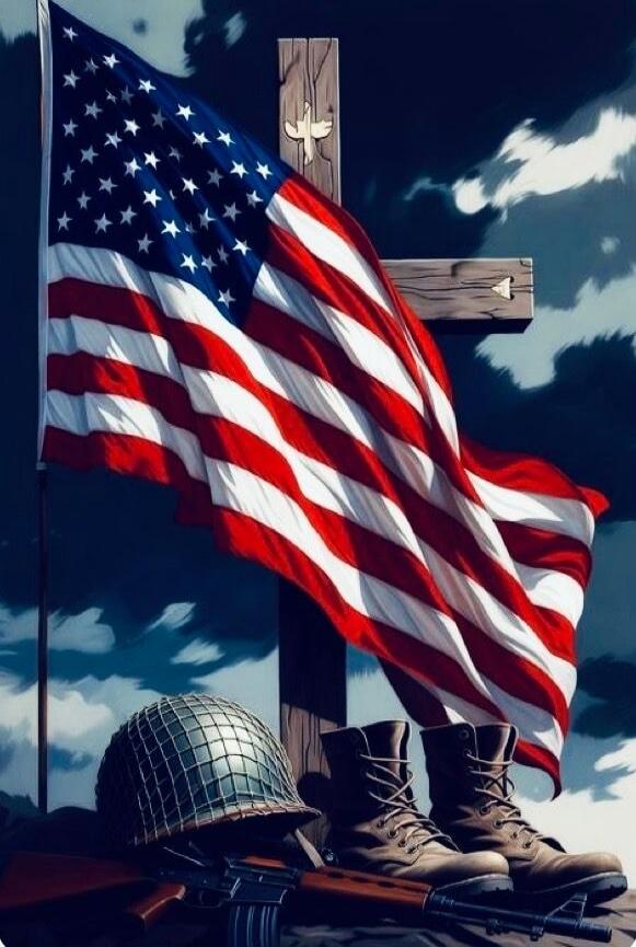 American flag draped over a cross with a helmet and boots placed at the base.