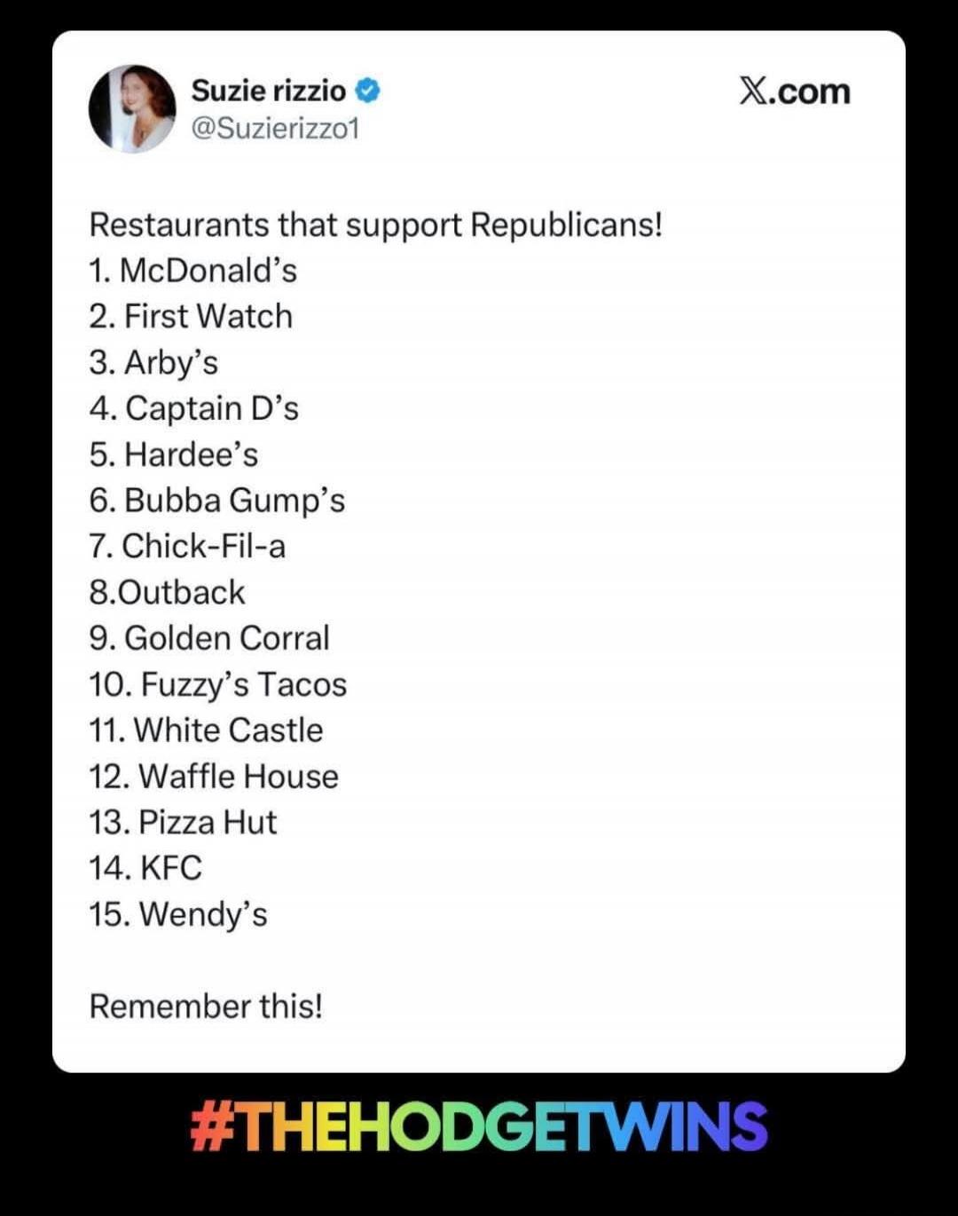 Restaurants that support Republicans! 1. McDonald’s 2. First Watch 3. Arby’s 4. Captain D’s 5. Hardee’s 6. Bubba Gump’s 7. Chick-Fil-a 8. Outback 9. Golden Corral 10. Fuzzy’s Tacos 11. White Castle 12. Waffle House 13. Pizza Hut 14. KFC 15. Wendy’s Remember this!