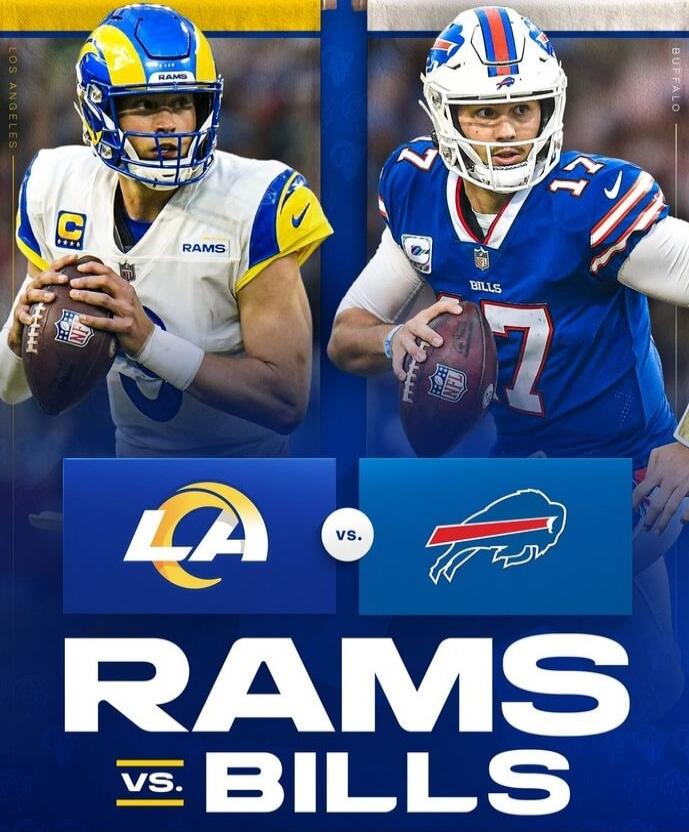 LOS ANGELES BUFFALO RAMS VS. BILLS. Two American football players, one from the Los Angeles Rams and one from the Buffalo Bills, are featured in a promotional graphic for a game between their teams.