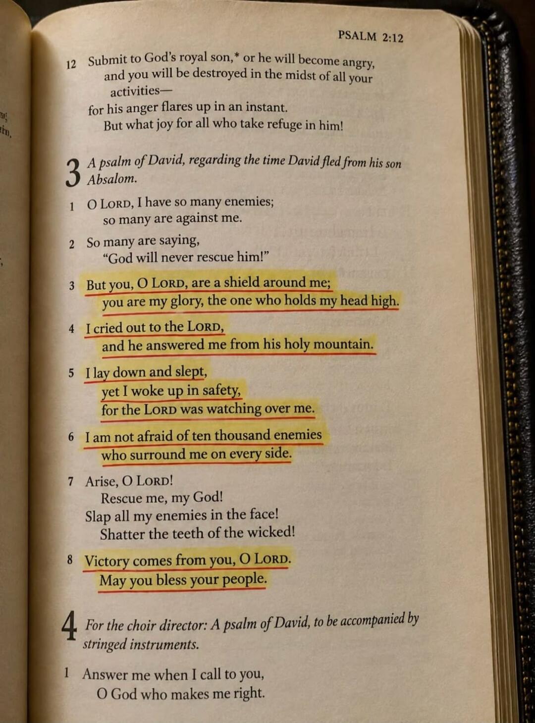 PSALM 2:12
12 Submit to God's royal son,* or he will become angry, and you will be destroyed in the midst of all your activities— for his anger flares up in an instant. But what joy for all who take refuge in him!
3 A psalm of David, regarding the time David fled from his son Absalom.
1 O LORD, I have so many enemies; so many are against me.
2 So m