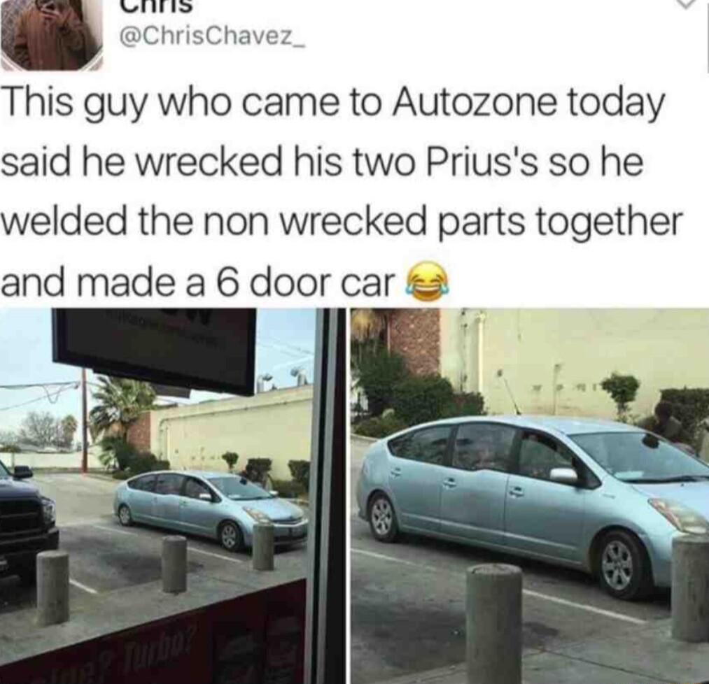 e ChrisChavez This guy who came to Autozone today said he wrecked his two Priuss so he welded the non wrecked parts together and made a 6 door car 5