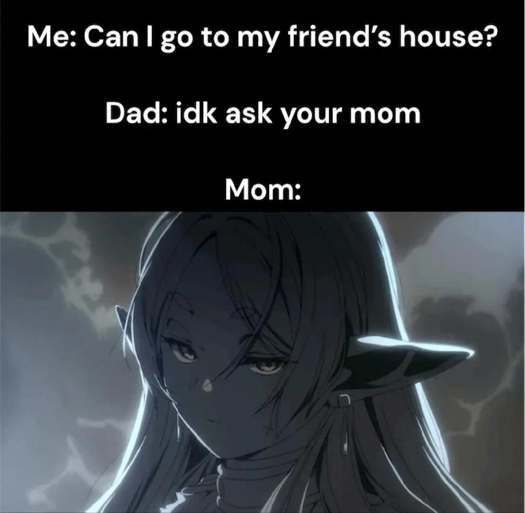 Me Can go to my friends house Dad idk ask your mom Mom