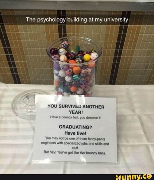 The psychology building at my university YOU SURVIVED ANOTHER YEAR Have abouncy bt you deserve 1 Have five You may ot be one o them tancy pants ongmoers wih spacatzed obs and skl and sl f GRADUATING F I By Yoo gt e Awboncybels