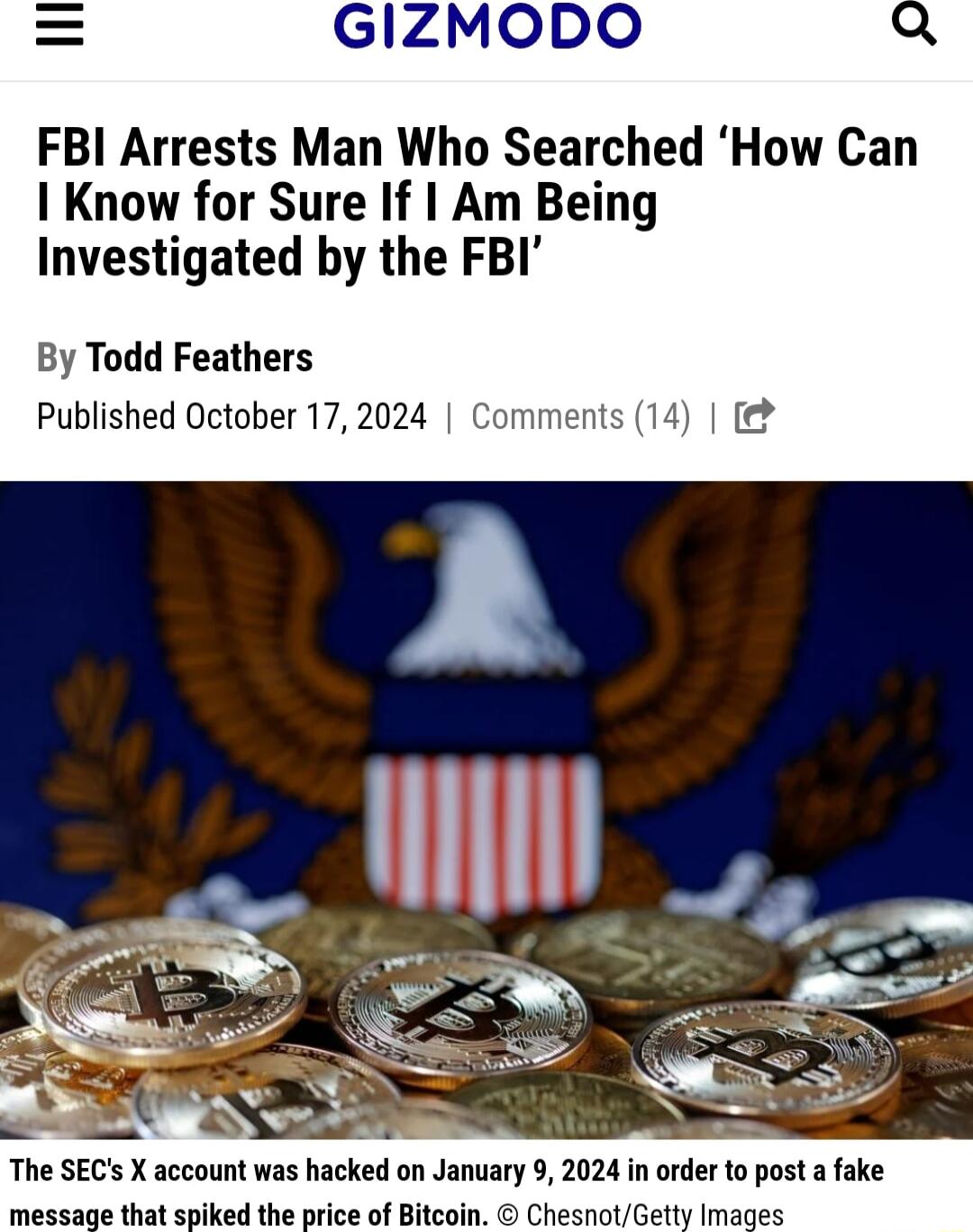 GIZMODO FBI Arrests Man Who Searched How Can 1 Know for Sure If Am Being Investigated by the FBI By Todd Feathers Published October 172024 Comme j o L i A N