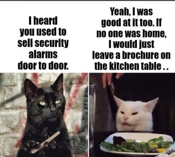 I heard you used to sell security alarms door to door. Yeah, I was good at it too. If no one was home, I would just leave a brochure on the kitchen table..