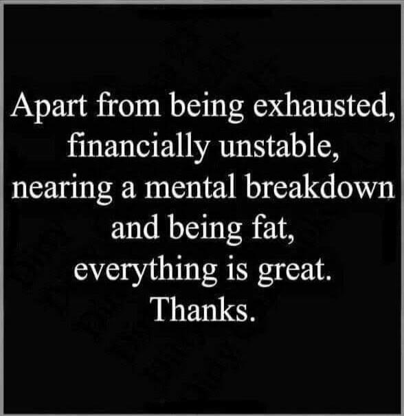 Apart from being exhausted, financially unstable, nearing a mental breakdown and being fat, everything is great. Thanks.