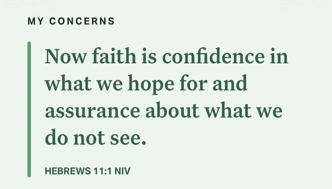 MY CONCERNS. Now faith is confidence in what we hope for and assurance about what we do not see. HEBREWS 11:1 NIV