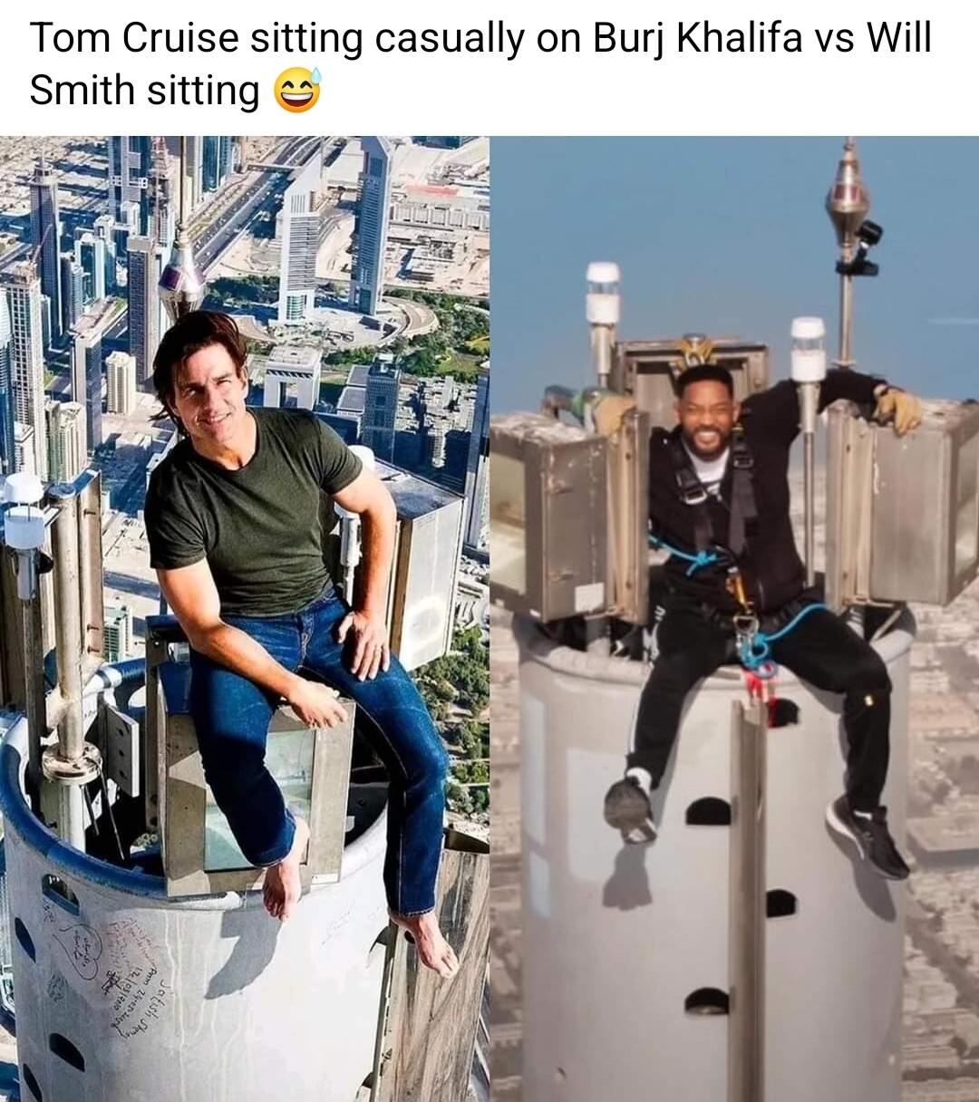 Tom Cruise sitting casually on Burj Khalifa vs Will Smith sitting i