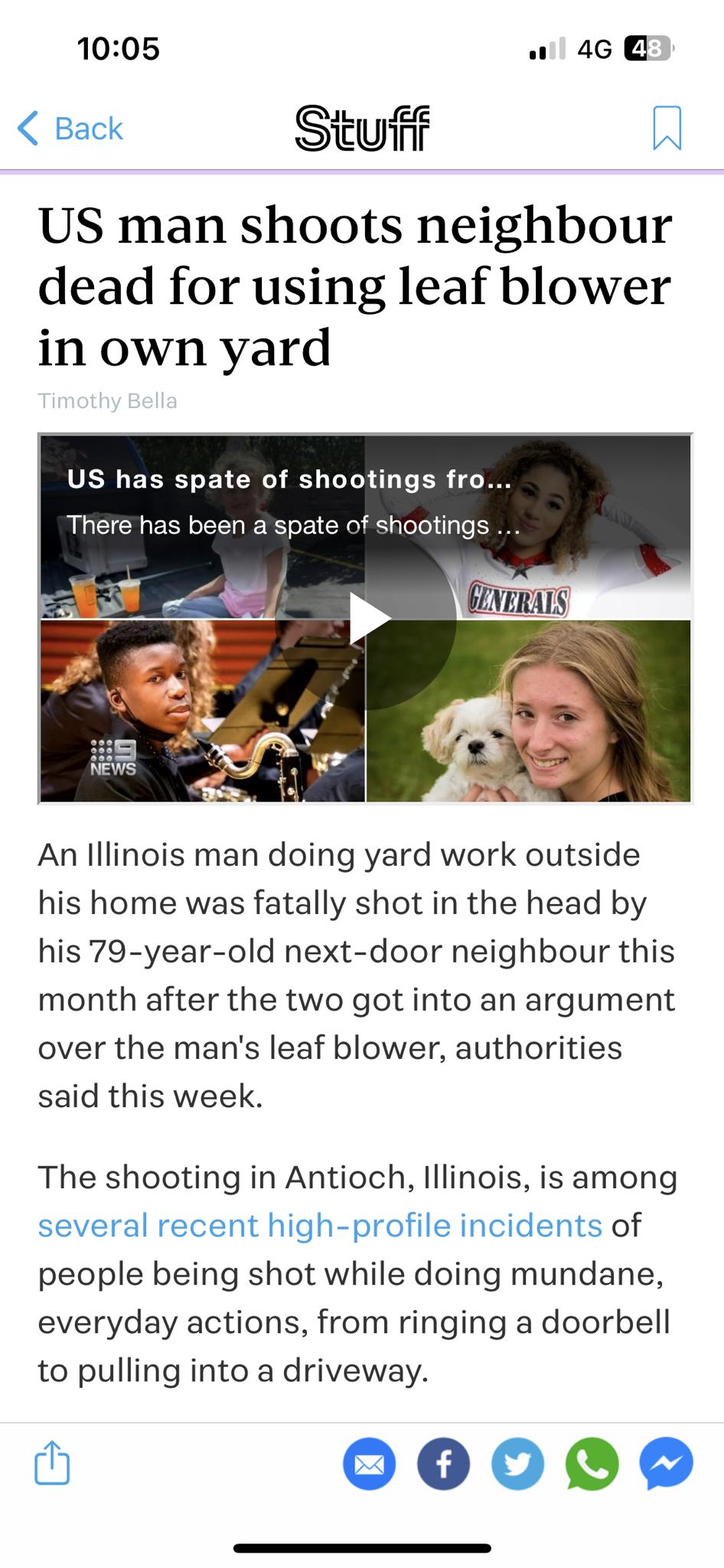 1005 w Back Stuff A US man shoots neighbour dead for using leaf blower in own yard An lllinois man doing yard work outside his home was fatally shot in the head by his 79 year old next door neighbour this month after the two got into an argument over the mans leaf blower authorities said this week The shooting in Antioch Illinois is among several recent high profile incidents of people being shot 