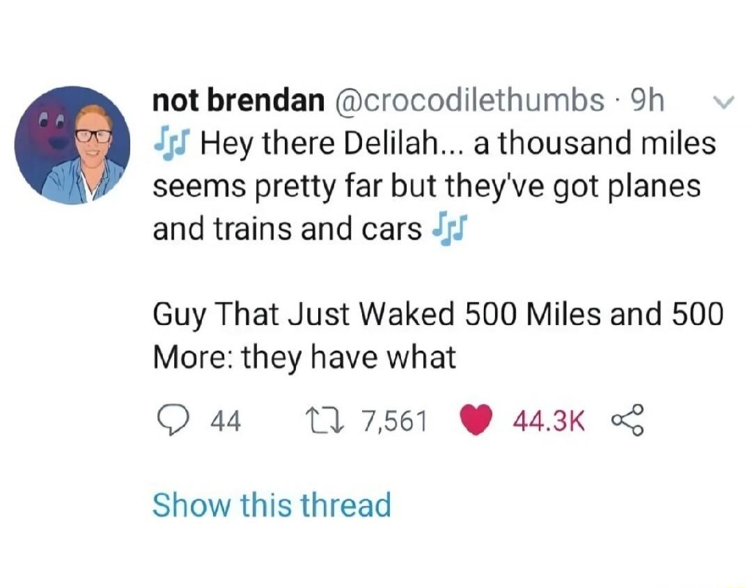 Hey there Delilah... a thousand miles seems pretty far but they've got planes and trains and cars 🎶🎵

Guy That Just Walked 500 Miles and 500 More: they have what