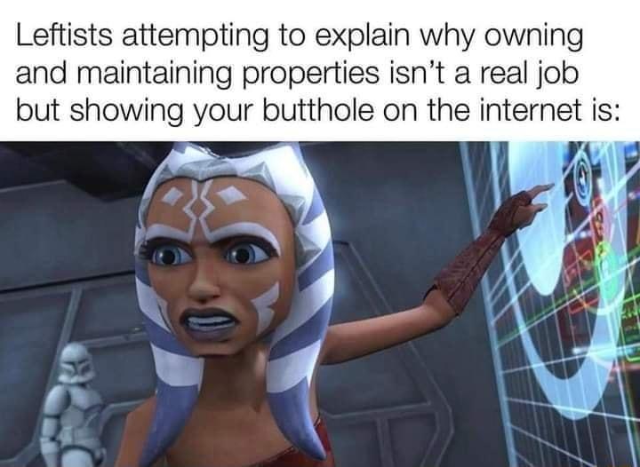 Leftists attempting to explain why owning and maintaining properties isnt a real job but showing your butthole on the internet is