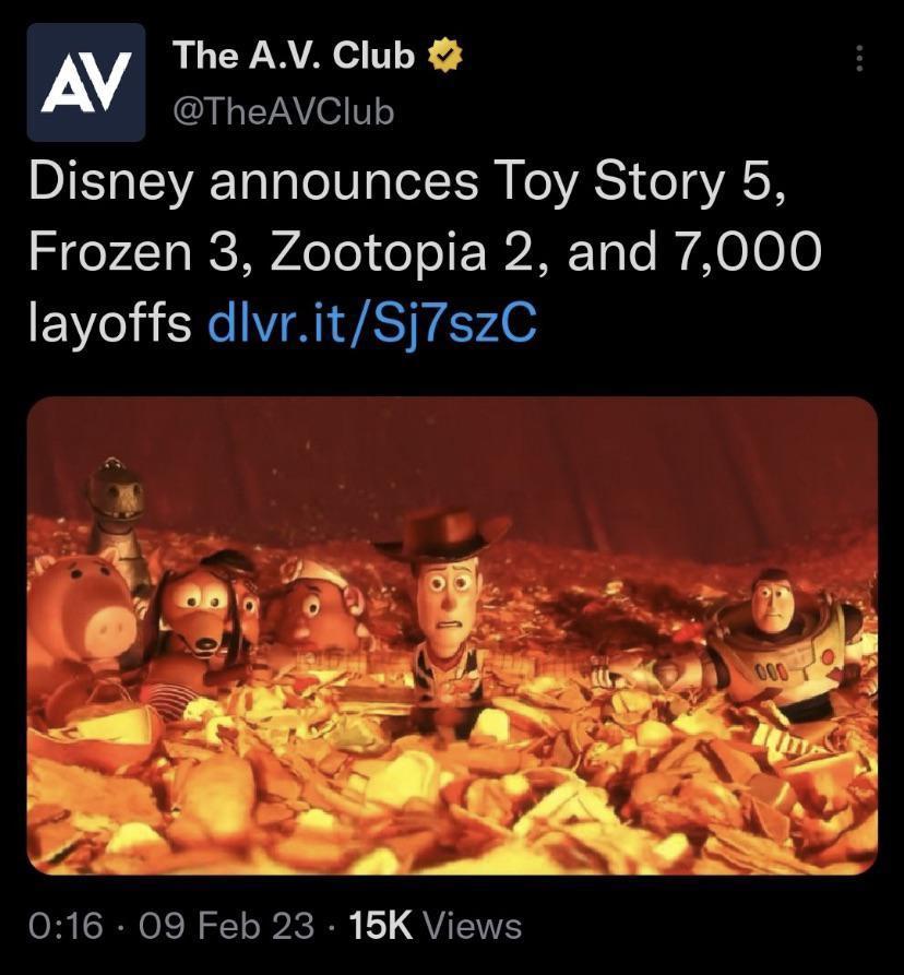 The AV Club TheAVClub Disney announces Toy Story 5 Frozen 3 Zootopia 2 and 7000 layoffs dlvritSj7szC PRRNeIRELP RS L QUETS