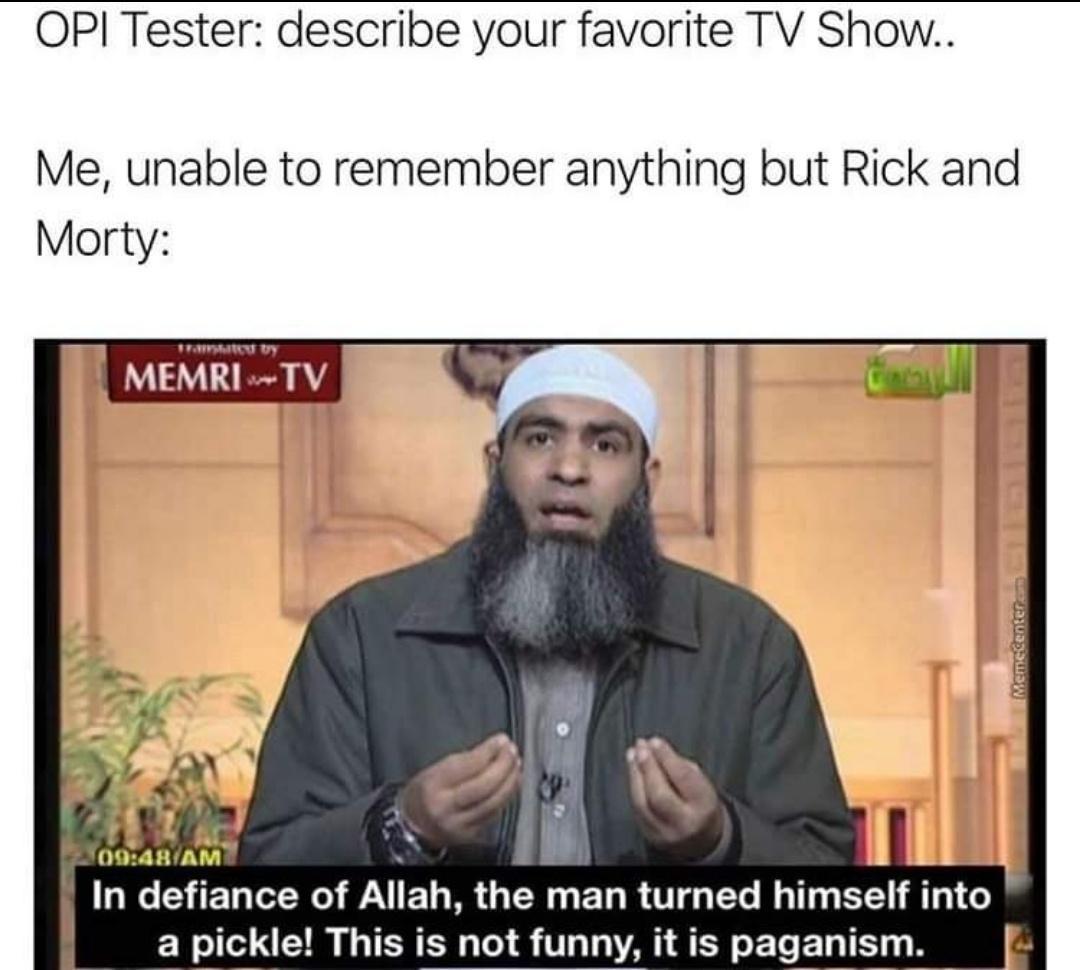 OPI Tester describe your favorite TV Show Me unable to remember anything but Rick and Morty MEMRI TV Sad In defiance of Allah the man turned himself into a pickle This is not funny it is paganism