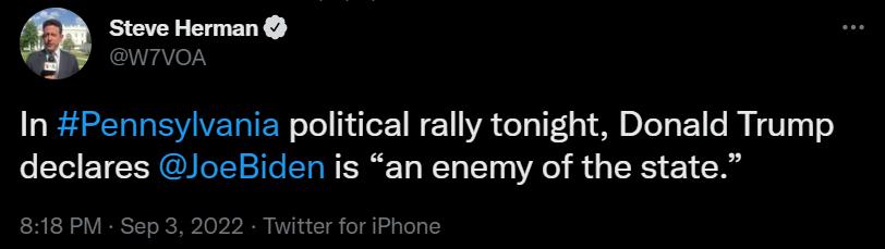 In Pennsylvania political rally tonight Donald Trump declares loeBiden is an enemy of the state