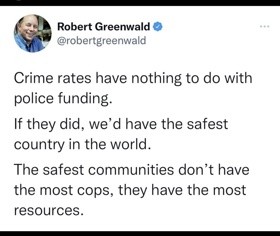 Robert Greenwald robertgreenwald Crime rates have nothing to do with police funding If they did wed have the safest country in the world The safest communities dont have the most cops they have the most resources