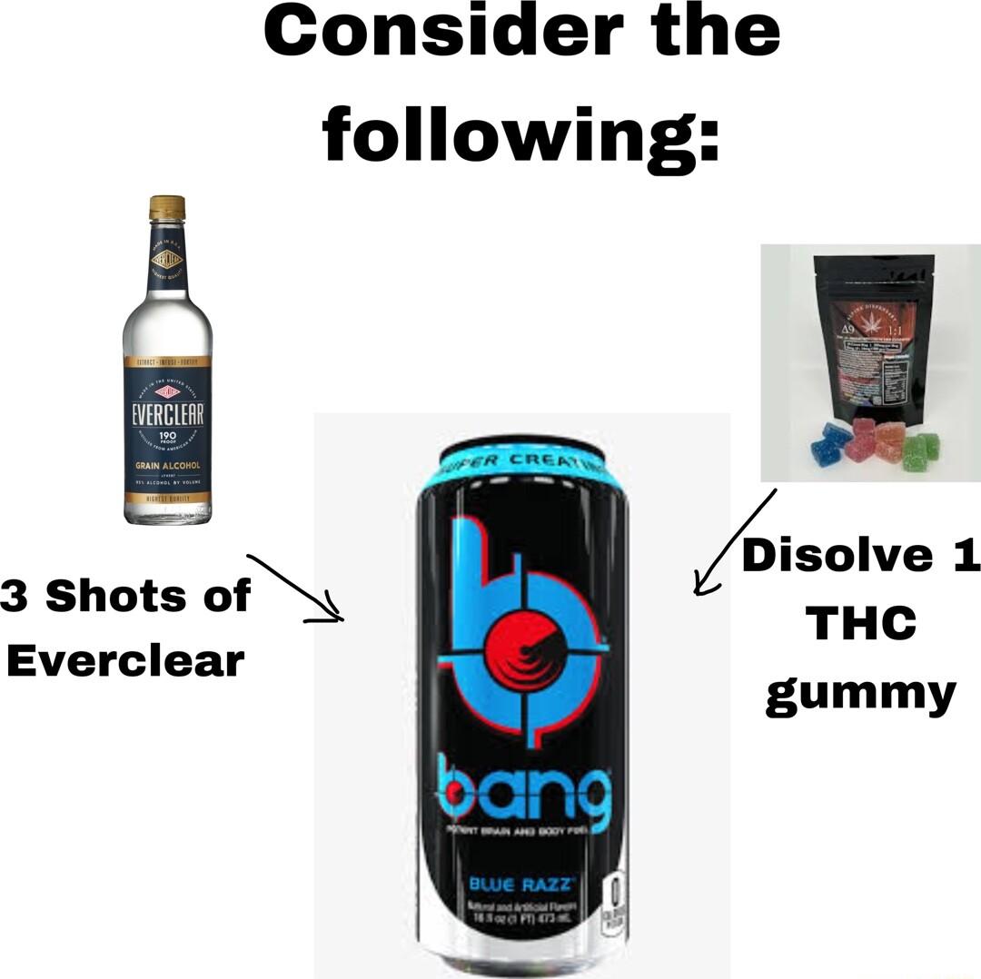 Consider the following isolve 1 THC gummy 3 Shots of Everclear