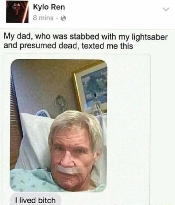 Kylo Ren My dad who was stabbed with my lightsaber and presumed dead texted me this lived bitch