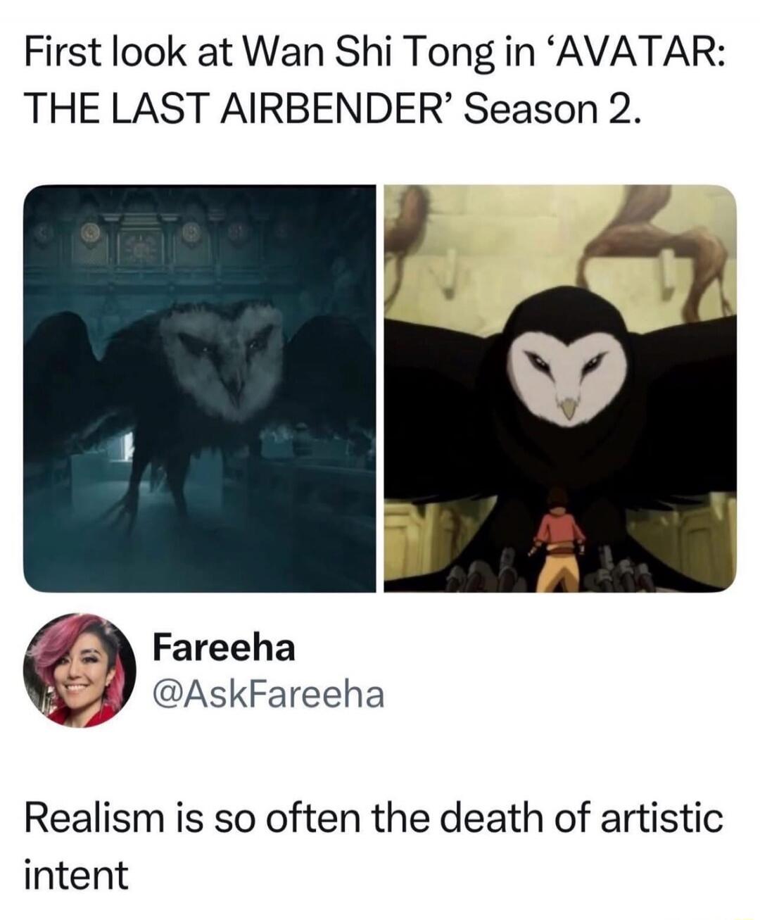 First look at Wan Shi Tong in 'AVATAR: THE LAST AIRBENDER' Season 2. Fareeha @AskFareeha. Realism is so often the death of artistic intent.
