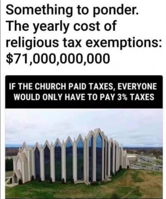 Something to ponder The yearly cost of religious tax exemptions 71000000000 IF THE CHURCH PAID TAXES EVERYONE WOULD ONLY HAVE TO PAY 3 TAXES