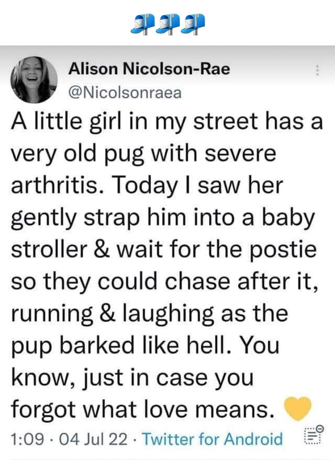 PR3P Alison Nicolson Rae Nicolsonraea A little girl in my street has a very old pug with severe arthritis Today saw her gently strap him into a baby stroller wait for the postie so they could chase after it running laughing as the pup barked like hell You know just in case you forgot what love means 109 04 Jul 22 Twitter for Android 55