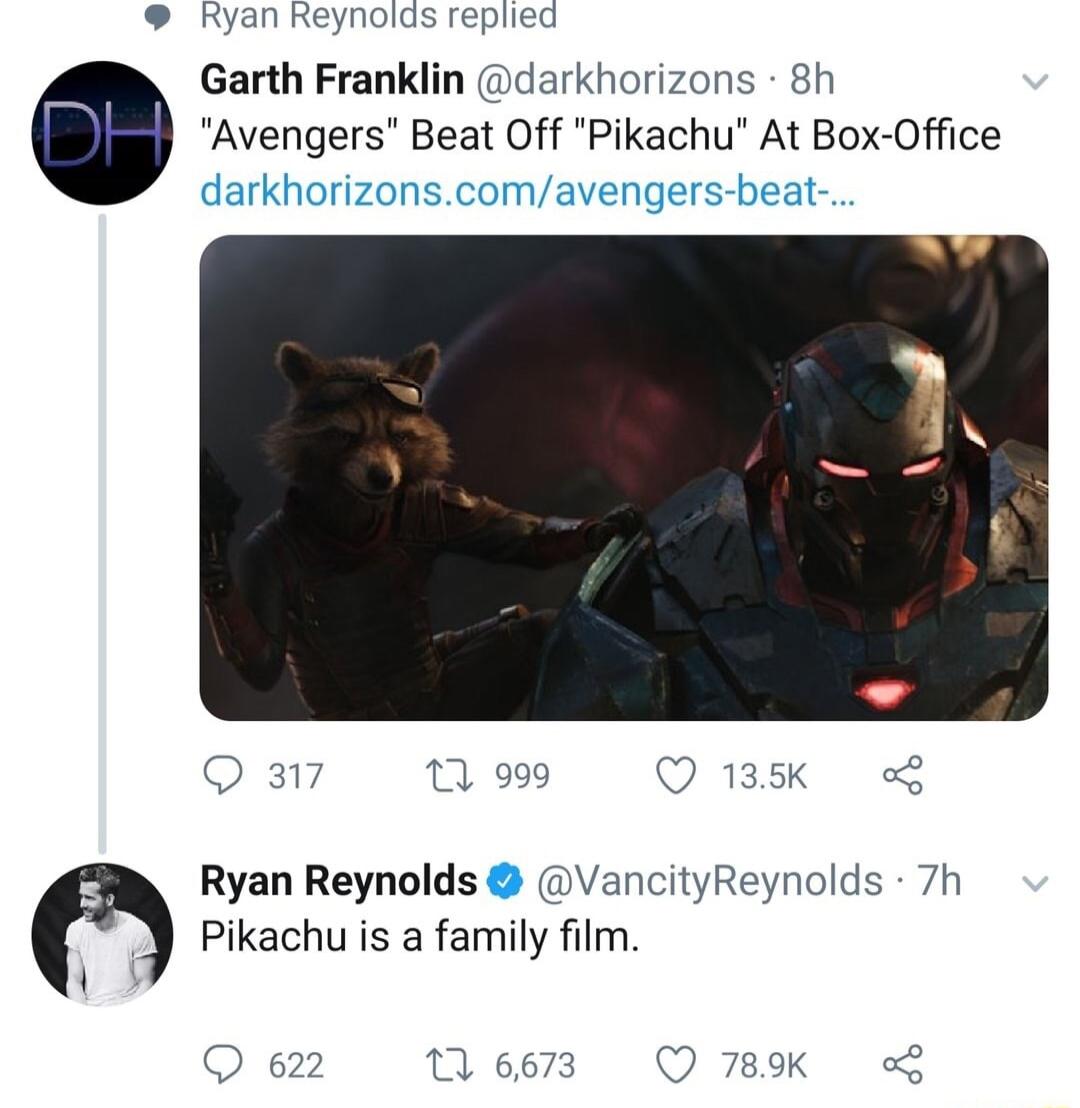 Garth Franklin darkhorizons 8 Avengers Beat Off Pikachu At Box Office 1 Reynolds repliec Qs 1 999 Q 135k Ryan Reynolds VancityReynolds 7h Pikachu is a family film