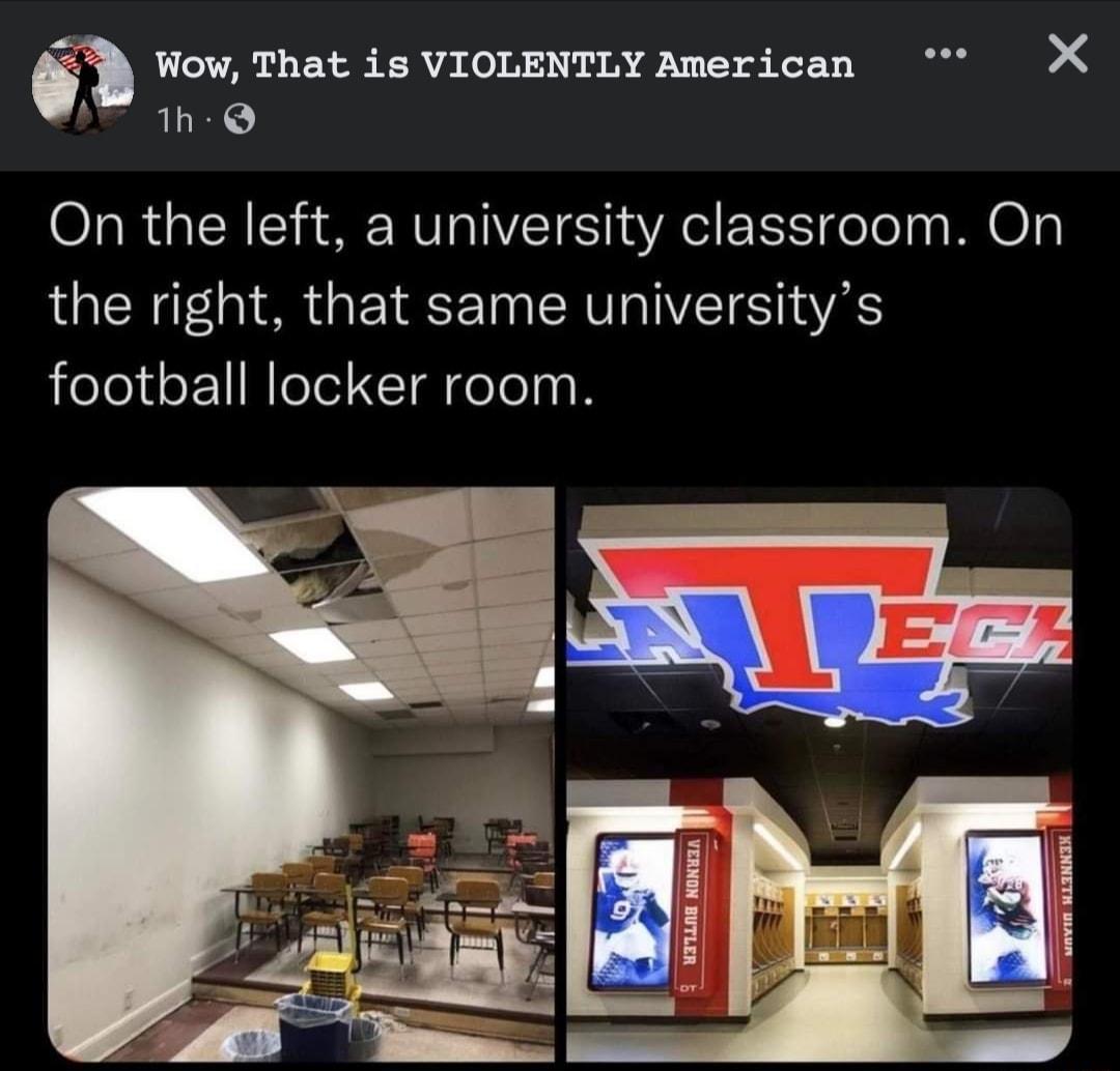 Wow That is VIOLENTLY American X h Q On the left a university classroom On LOENI O G EYESE T RV VTSI football locker room