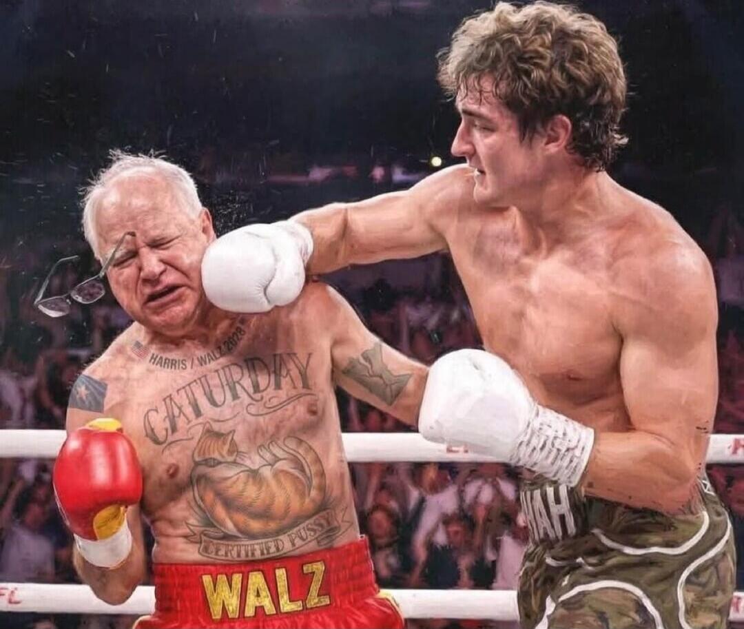 CATTURDAY on chest tattoo, WALZ on shorts. The image shows two boxers in a ring, one landing a punch.