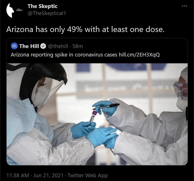 The Skeptic ALGENCadE Arizona has only 49 with at least one dose fild The Hill thehill 58m FPA N EN L olelgtla o oI CRIs Retel o EWITVER S0 I Ky VA S s B e 0 1138 AM Jun 21 2021 Twitter Web App
